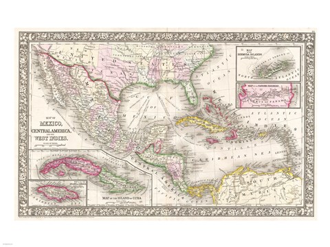 Framed 1866 Mitchell Map of Mexico and the West Indies Print