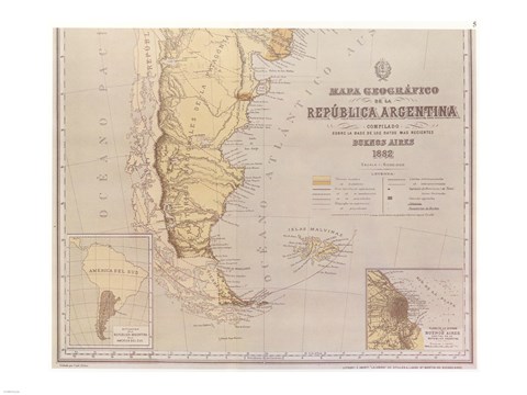 Framed Map of Argentina 1883 Print