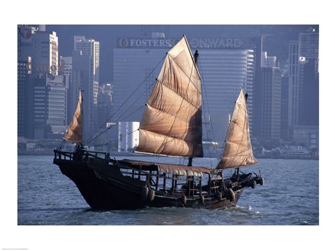 Framed Chinese Junk sailing in the sea, Hong Kong Harbor, Hong Kong, China Print