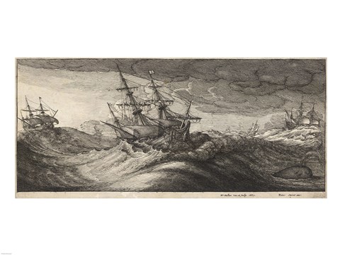 Framed Wenceslas Hollar - Warships and a Spouting Whale Print