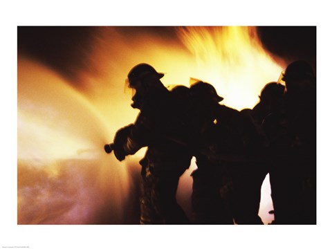 Framed Firefighters Extinguishing A Fire With Water Print