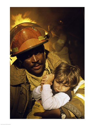 Framed Firefighter carrying a boy Print