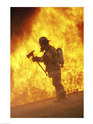 Framed Side profile - firefighter holding an axe Print