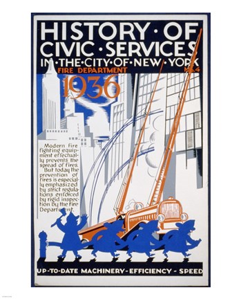 Framed History of Civic Services in the NYC Fire Department 1936 Print