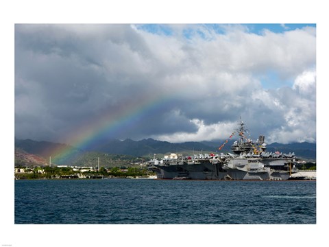 Framed US Navy, A Rainbow Arches Near the Aircraft Carrier USS Kitty Hawk Print