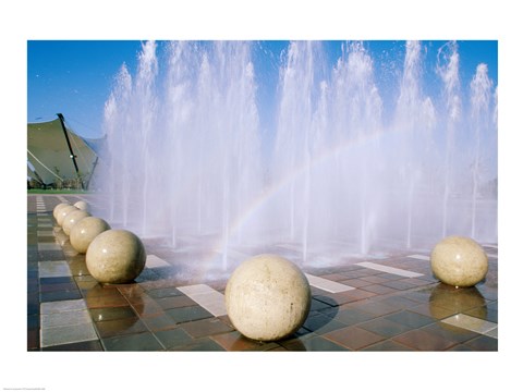 Framed USA, California, Stockton, Weber Point Events Center, Rainbow created by water splashing from fountain Print