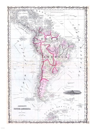 Framed 1861 Johnson Map of South America Print