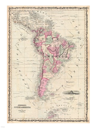 Framed 1862 Johnson Map of South America Print
