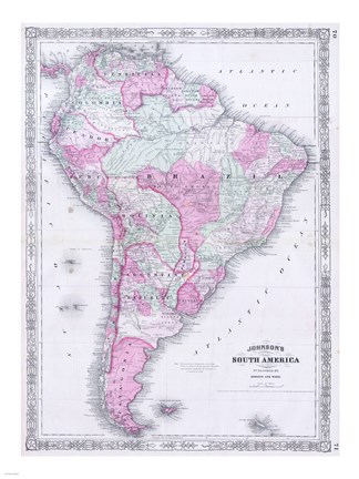 Framed 1863 Johnson&#39;s Map of South America Print