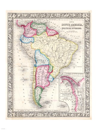 Framed 1864 Mitchell Map of South America Print
