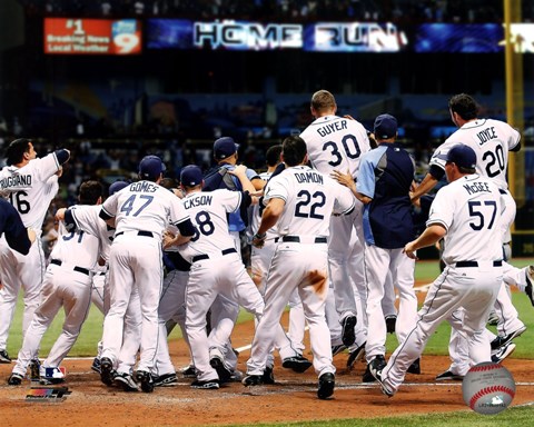 Framed Tampa Bay Rays celebrate their 2011 AL Wild Card victory Print