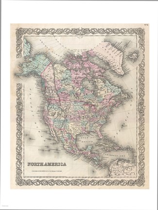Framed 1855 Colton Map of North America Print