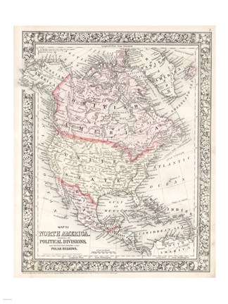 Framed 1864 Mitchell Map of North America Print
