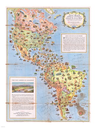 Framed 1930 Pictorial Map of North America and South America Print