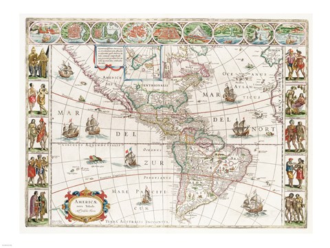 Framed Americae nova Tabula - Map of North and South America Print