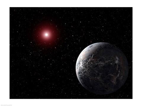 Framed Extrasolar planet orbiting a red dwarf star in space Print