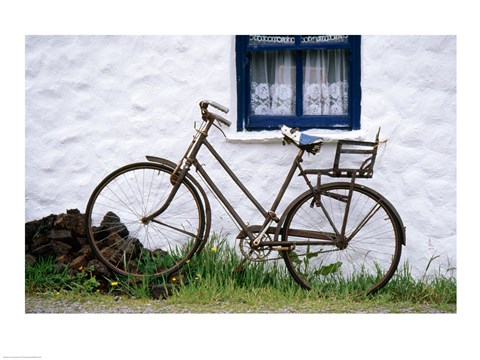 Framed Bicycles leaning against a wall, Bog Village Museum, Glenbeigh, County Kerry, Ireland Print