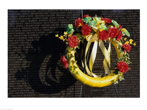 Framed Wreath on the Vietnam Veterans Memorial Wall, Vietnam Veterans Memorial, Washington, D.C., USA Print