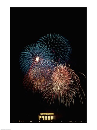 Framed Fireworks display at night with a memorial in the background, Lincoln Memorial, Washington DC, USA Print