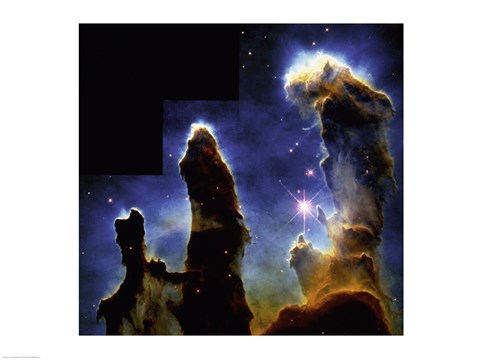 Framed Gaseous pillars of M-16 Eagle Nebula, Star birth photographed by Hubble Space Telescope Print