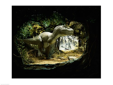Framed Tyrannosaur Watching Family Group Fighting an Ankylosaurus Print
