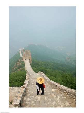 Framed Tourist climbing up steps on a wall, Great Wall of China, Beijing, China Print