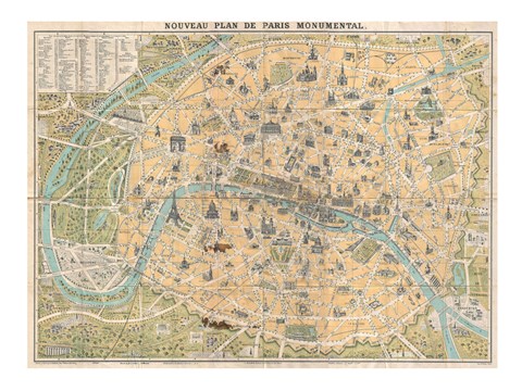 Framed 1890 Guilmin Map of Paris, France with Monuments Print