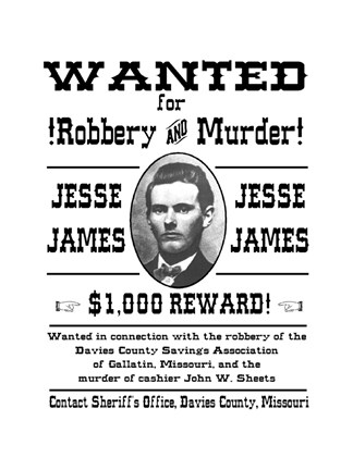 Framed Jesse James Wanted Poster Print