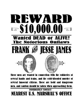 Framed Frank and Jesse James Wanted Poster Print