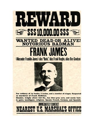 Framed Frank James Wanted Poster Print