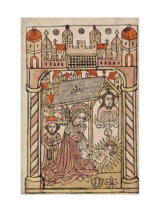 Framed Nativity Scene with Depiction of Trinity Print