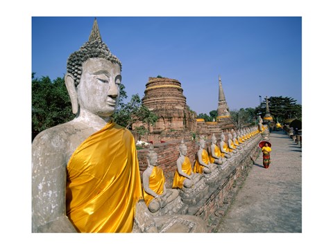 Framed Line of Buddha Statues, Wat Yai Chai Mongkhon, Ayutthaya, Thailand Print