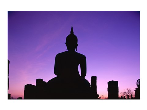 Framed Silhouette of the Seated Buddha, Wat Mahathat, Sukhothai, Thailand Print