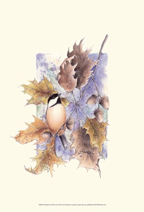 Framed Chickadee and Oak Leaves Print