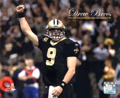 Framed Drew Brees Sets the NFL Single-Season Passing Yards Record with Overlay Print