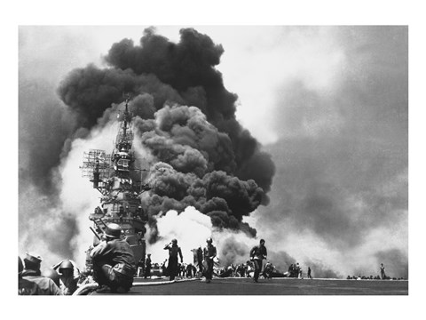 Framed USS Bunker Hill Hit by Two Kamikazes Print