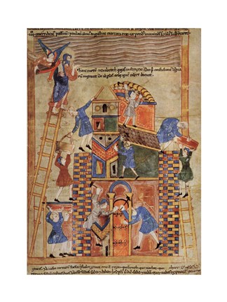 Framed Illustration to the Old English Illustrated Hexateuch showing the construction of the Tower of Babel. Print