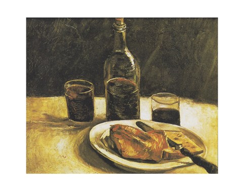 Framed Still Life with Bottle, Two Glasses, Cheese and Bread Print