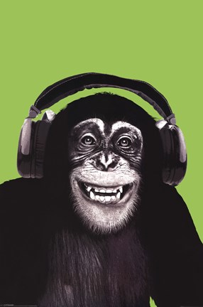 Framed Chimpanzee Headphones Print