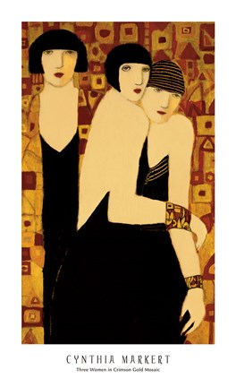 Framed Three Women in Crimson Gold Mosaic Print