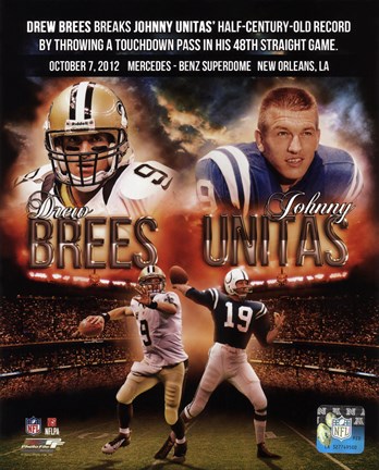 Framed Drew Brees breaks Johnny Unitas' half-century-old record October 7, 2012 Print