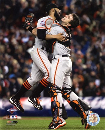 Framed Buster Posey &amp; Sergio Romo Celebrate Winning Game 4 of the 2012 World Series Print