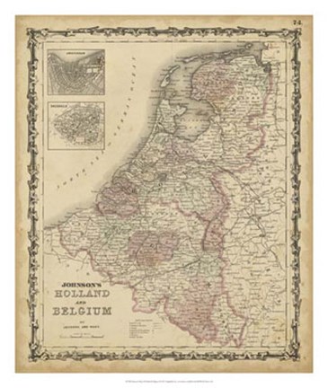 Framed Johnson&#39;s Map of Holland &amp; Belgium Print