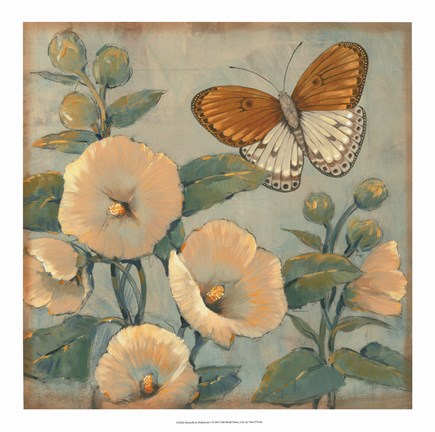 Framed Butterfly &amp; Hollyhocks I Print