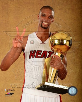 Framed Chris Bosh with the NBA Championship Trophy Game 7 of the 2013 NBA Finals Print