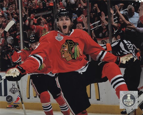 Framed Patrick Kane celebrating first goal Game 5 of the 2013 Stanley Cup Finals Print