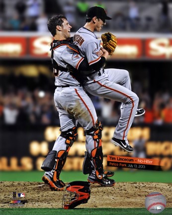 Framed Tim Lincecum #55 of the San Francisco Giants lifted by Buster Posey #28 after pitching a no hitter July 13, 2013, Print