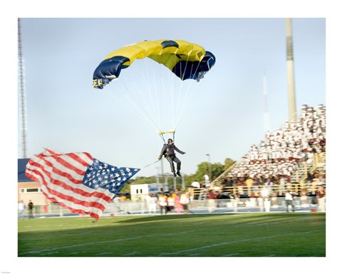 Framed U.S. Navy Demonstration Parachute Team, the Leap Frogs, Lands at the 50 Yard Line of Aggie Stadium Greensboro NC Print