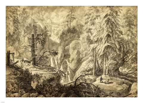 Framed Mountain Landscape, Peasants in a Clearing near a Waterfall Print