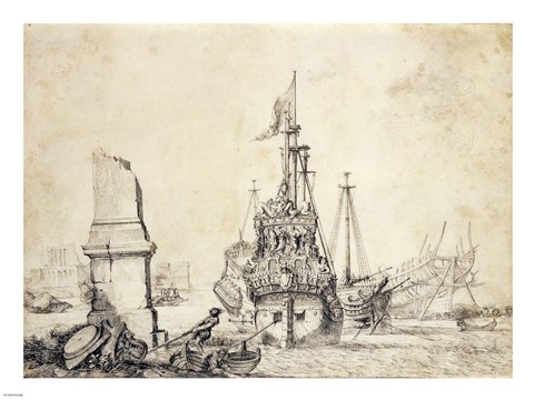 Framed Ship in a Port with a Ruined Obelisk Print